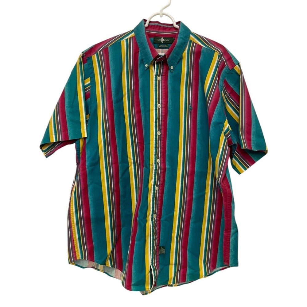 Hunt Club Button Down Shirt Mens XL Multi Stripe‎ Cotton Short Sleeve Vintage